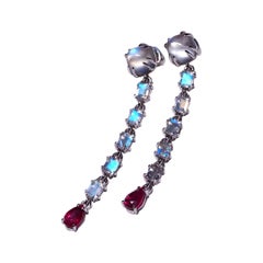 Long Moonstone Ruby White Gold Earrings Natural Gems Art Deco Style