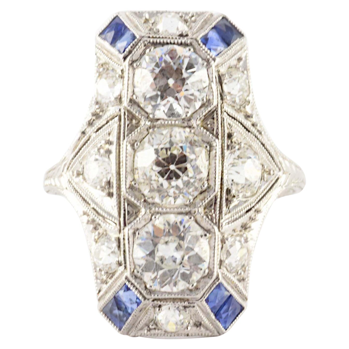 Vertikaler Art-déco-Ring mit Diamanten und Saphiren