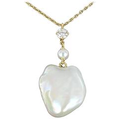 Keshi Natural Pearl Diamond Gold Pendant Necklace 12