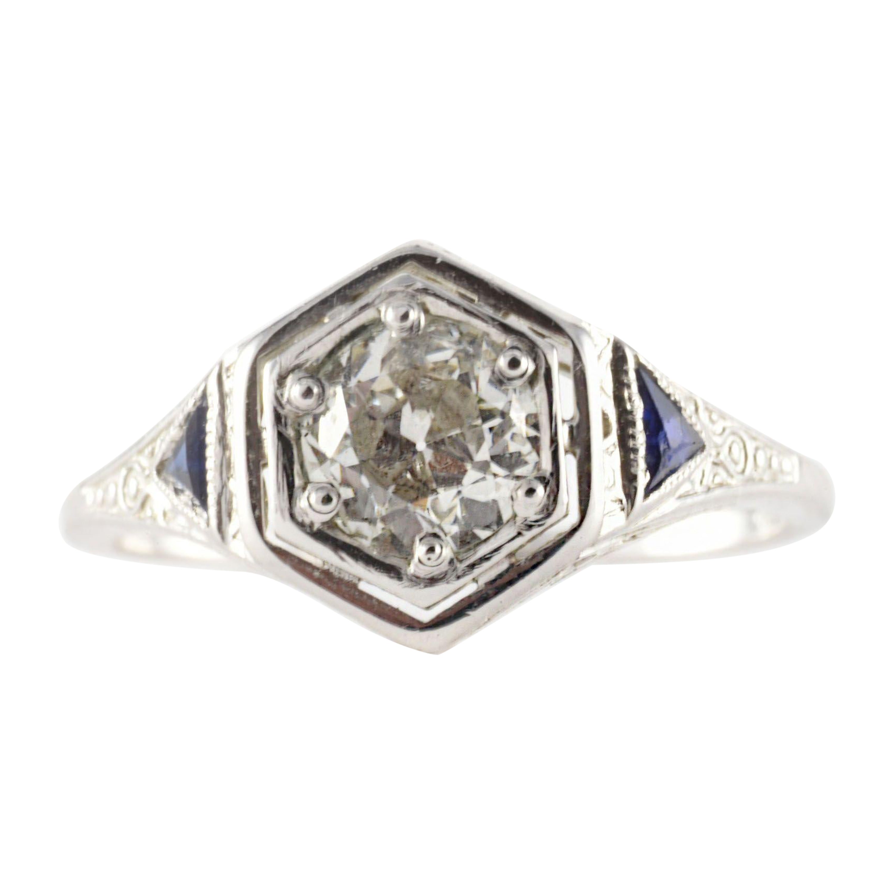 Art Deco Diamond and Blue Sapphire Filigree Ring For Sale