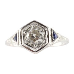 Retro Art Deco Diamond and Blue Sapphire Filigree Ring