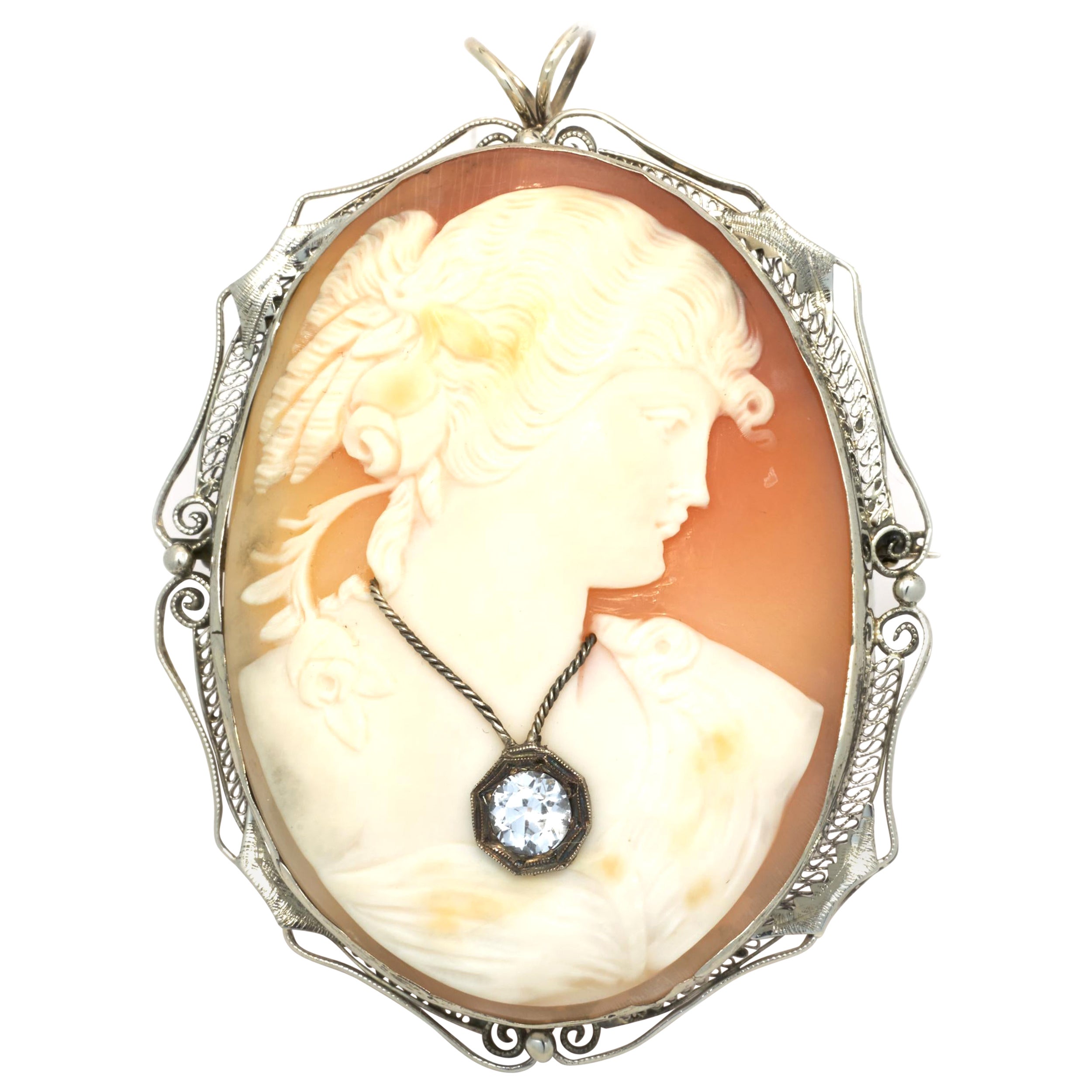 14 Karat White Gold Vintage CZ Cameo Pin / Pendant