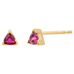 Matched Pair Round Ruby Yellow Gold Triangle Shaped Stud Earrings