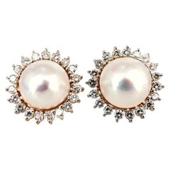 Clips d'oreilles en or 14 carats avec perles Mabe et diamants 4 carats