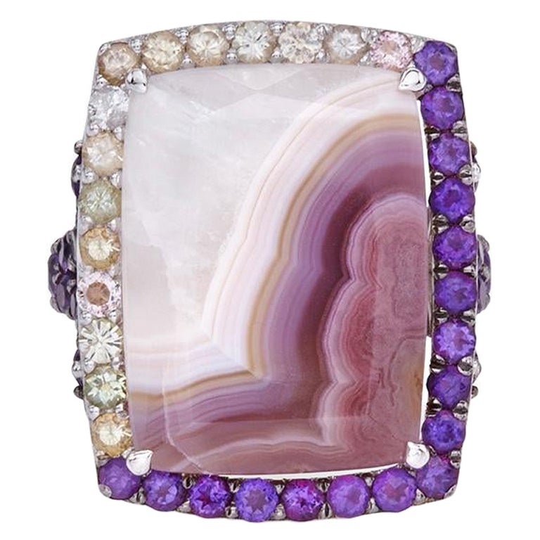 Agate 18Kt White Gold Ring Set with Agate Amethyst and Tourmaline One of a Kind