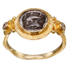 Ancient Greek 5th Century BC Dolphins Coin Diamonds 18K Gold Ring