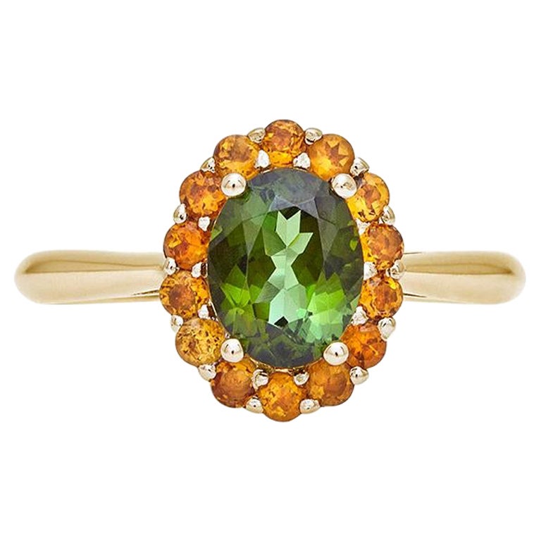 For Sale:  18kt Yellow Gold Green Oval Tourmaline & Citrine Protection Ring Cluster Modern