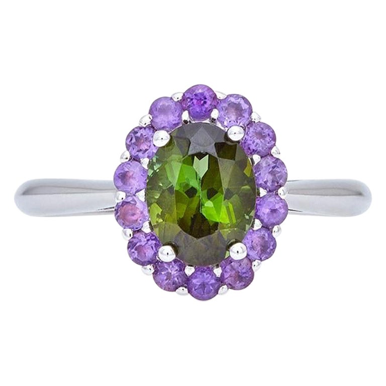 For Sale:  Ring 18 Kt White Gold with Tourmaline and Amethyst Handcrafted Modern Cluster