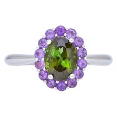 Ring 18 Kt White Gold with Tourmaline and Amethyst Handcrafted Modern Cluster