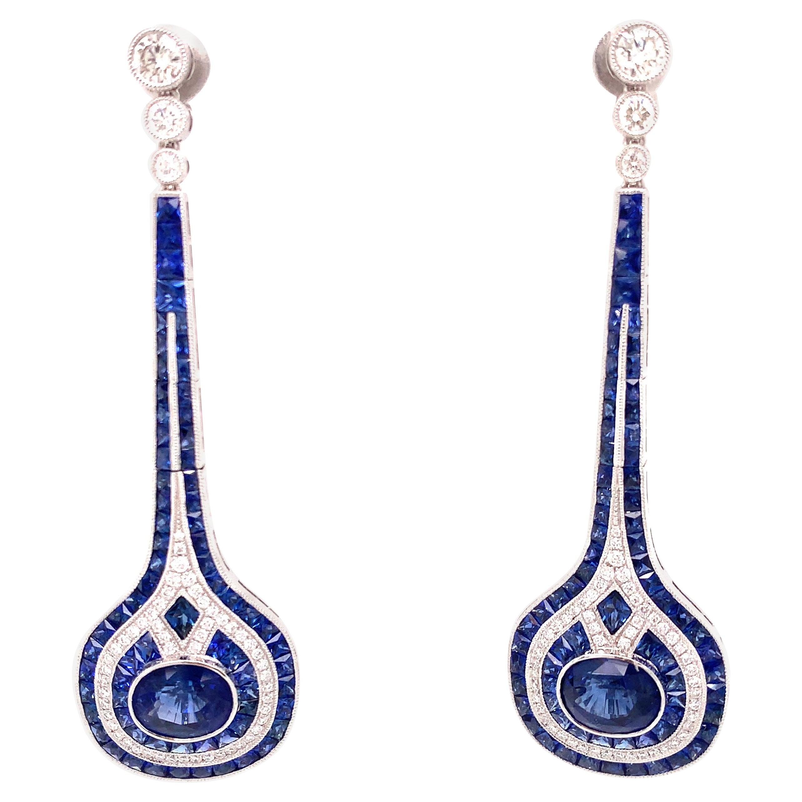 Sapphire and Diamond Drop Earrings in the Style of Art Deco For Sale
