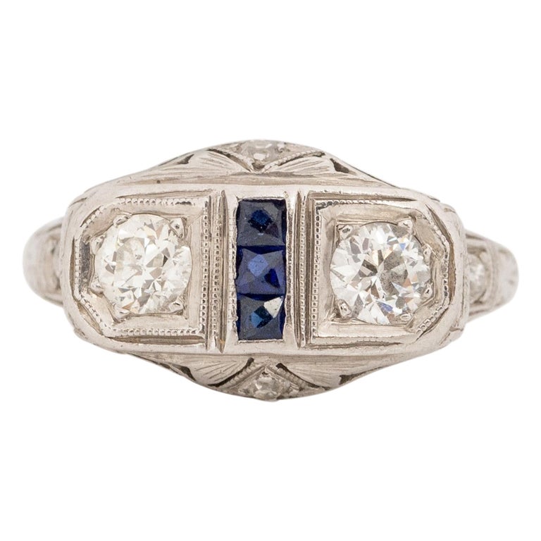 Circa 1920's Art Deco Platinum Old European Cut Diamond and Sapphire Ring For Sale