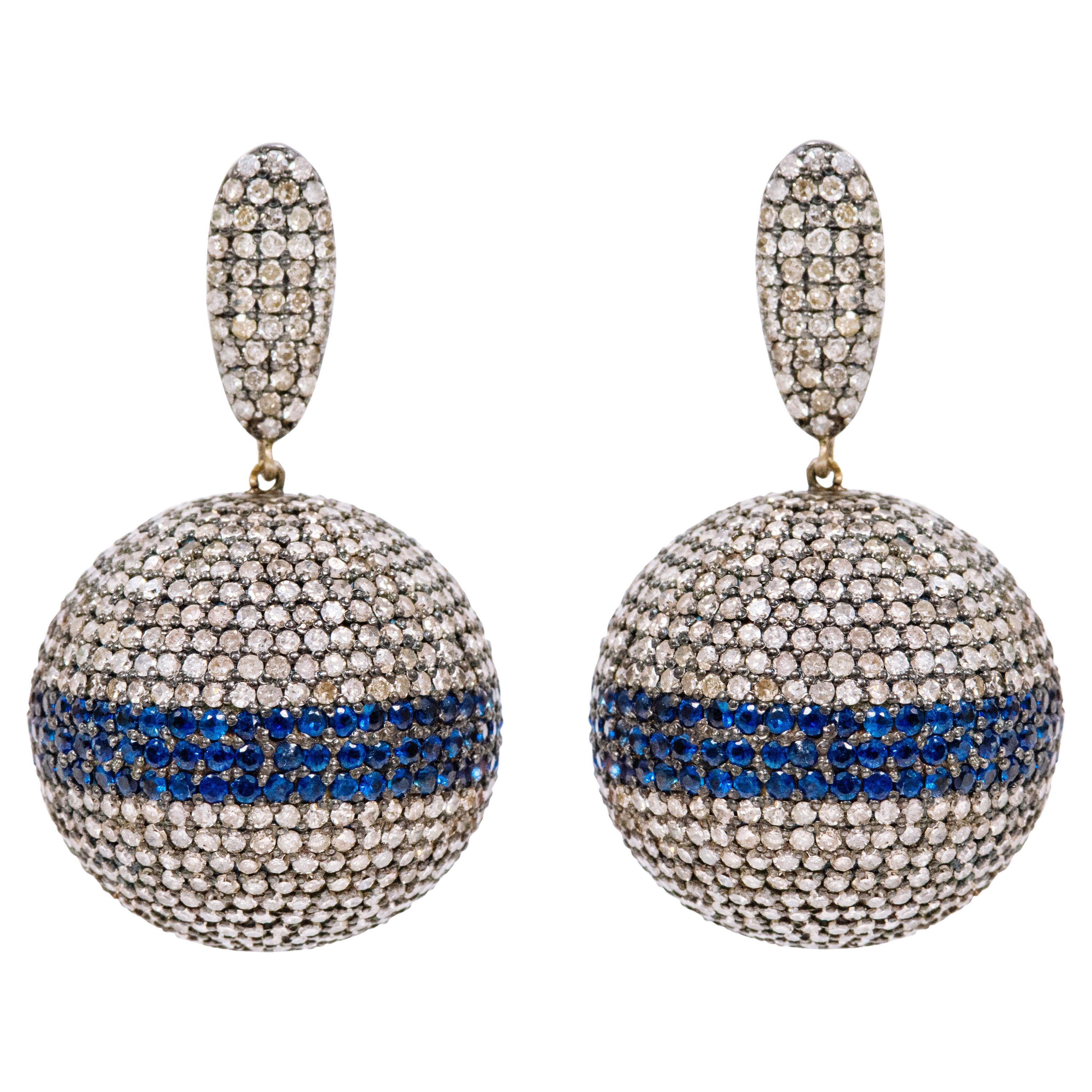 Victorian Style Diamond and Sapphire Cocktail Ball Drop Earrings