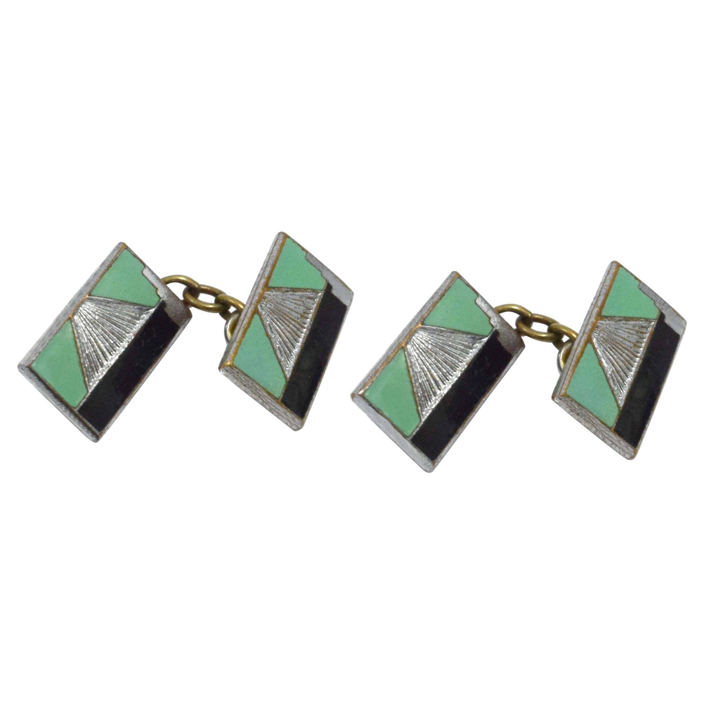 Art Deco Modernist Matching Pair of Enamel Gents Cufflinks, c1930 For Sale