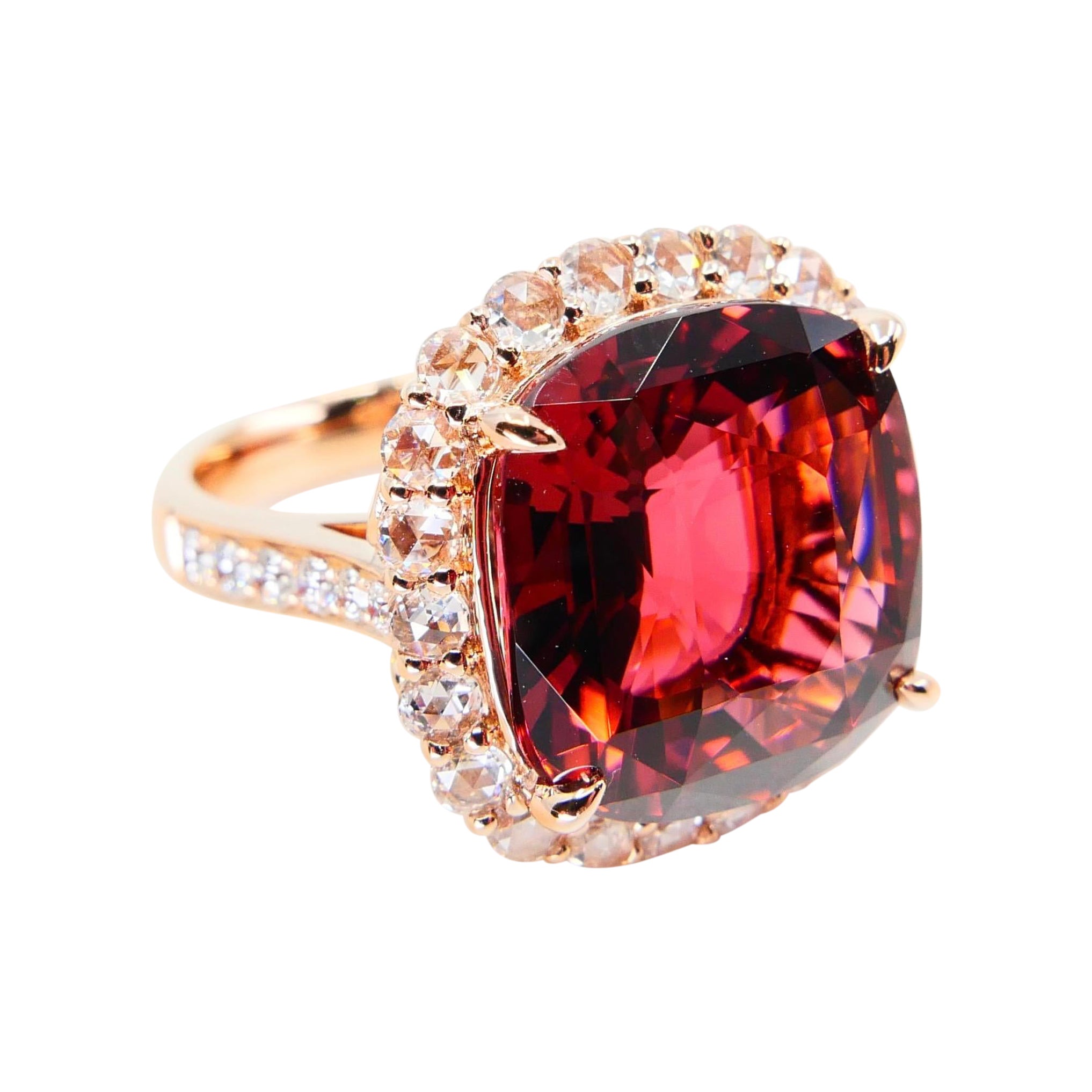 GIA Certified 11.55 Cts Orange Pink Tourmaline & Rose Cut Diamond Cocktail Ring For Sale 9