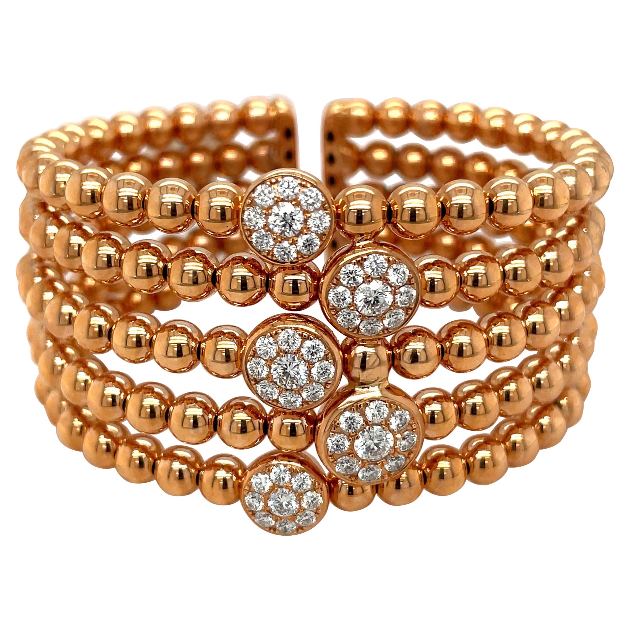 Cellini Five-Row Beaded 18KT Rose Gold, 2.19Ct. Diamond Cuff Bracelet For Sale