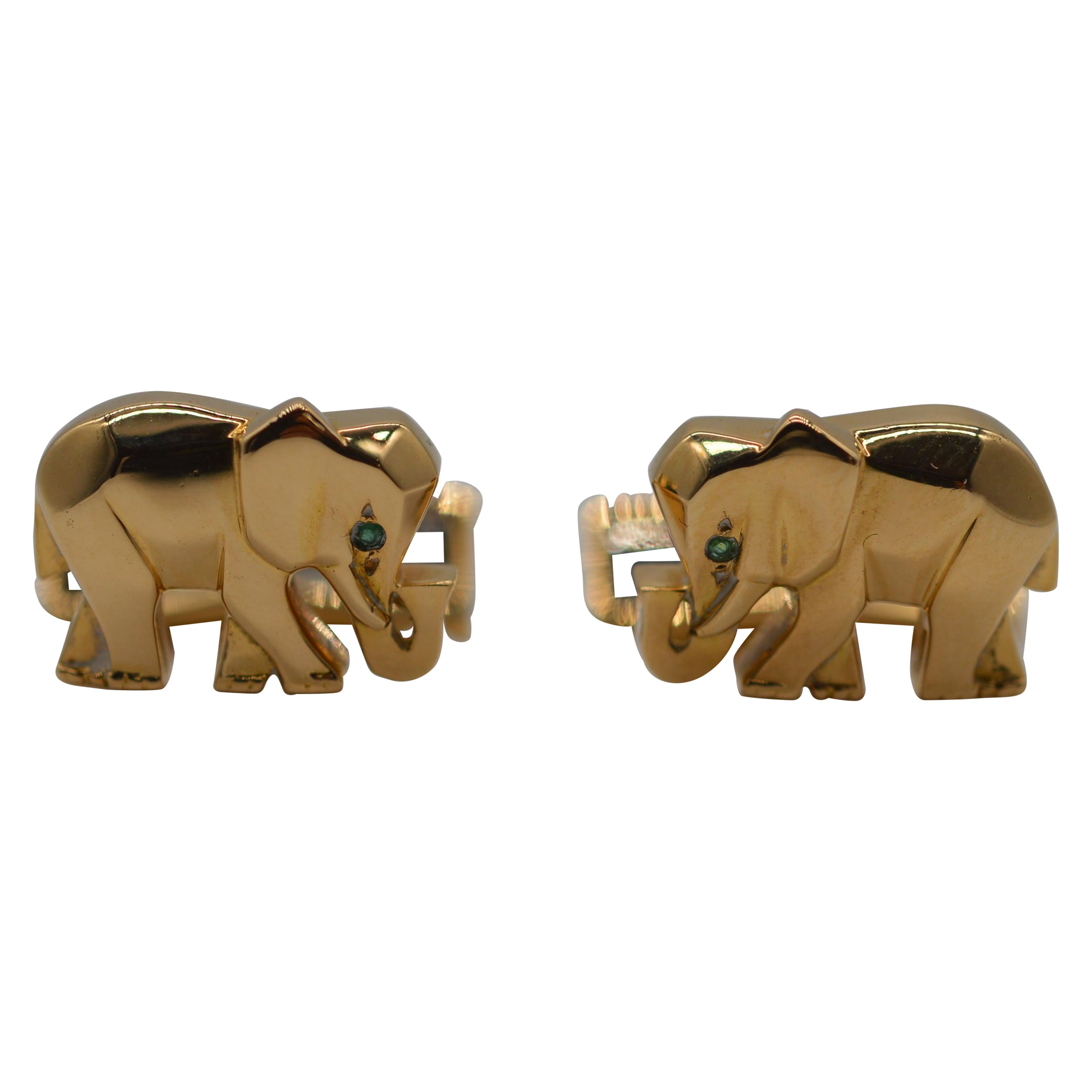 Cartier Elephant Cufflink 18K Yellow Gold with Emerald Eye Unworn For Sale