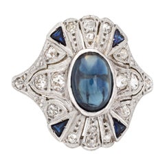 Vintage Art Deco Natural Sapphire Diamond Ring 18k Gold Platinum Cocktail