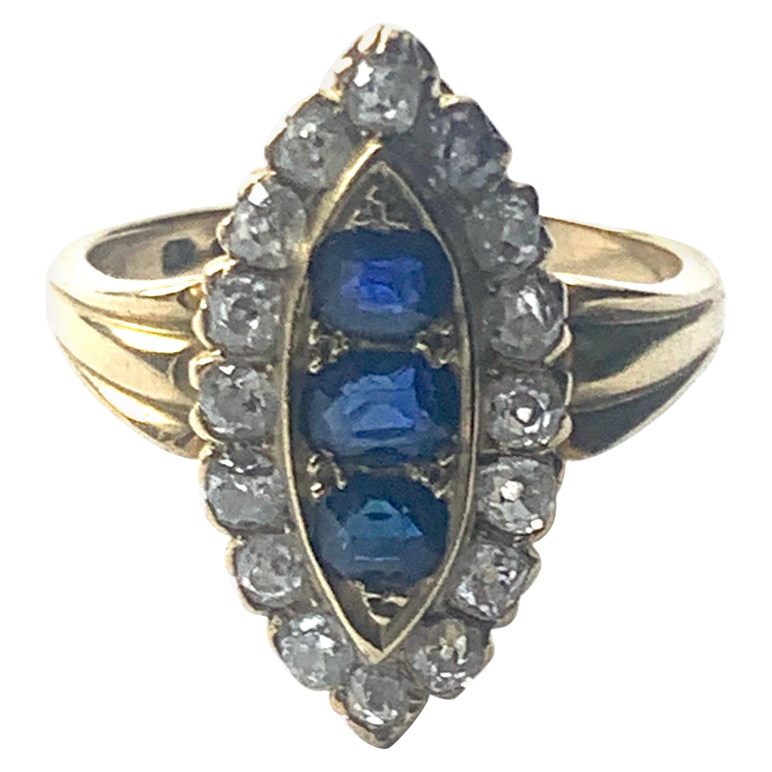 Victorian Sapphire & Rose Cut Diamond Navette Ring