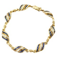 Twisted Triple Striped Blue Sapphire Diamond Curl 18K Yellow Gold Link Bracelet