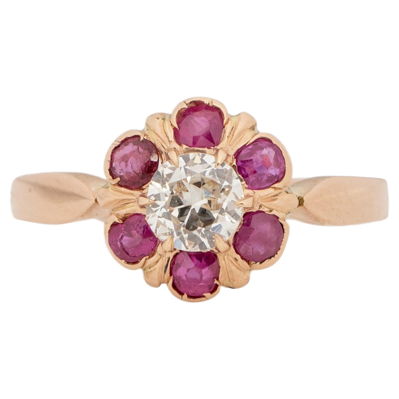 18K Rose Gold GIA Certified Diamond w/Ruby Halo & French Hallmark Fashion Ring