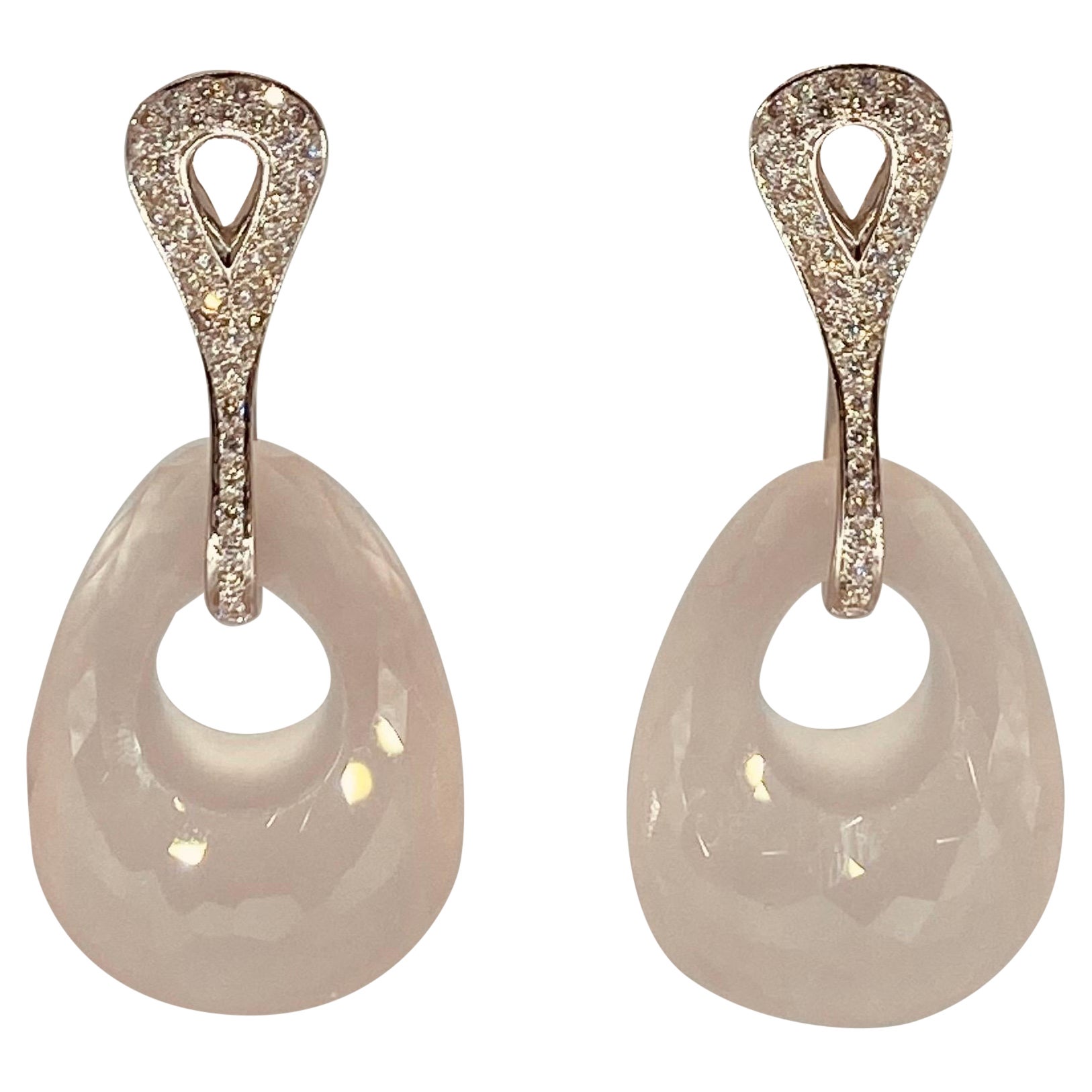 135.5 Carat Oval Rose Quartz with White Diamonds Clip on Duo Earrings For Sale