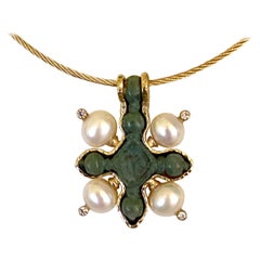 Michael Kneebone Viking Bronze Cross Pearl Diamond 18k Gold Pendant
