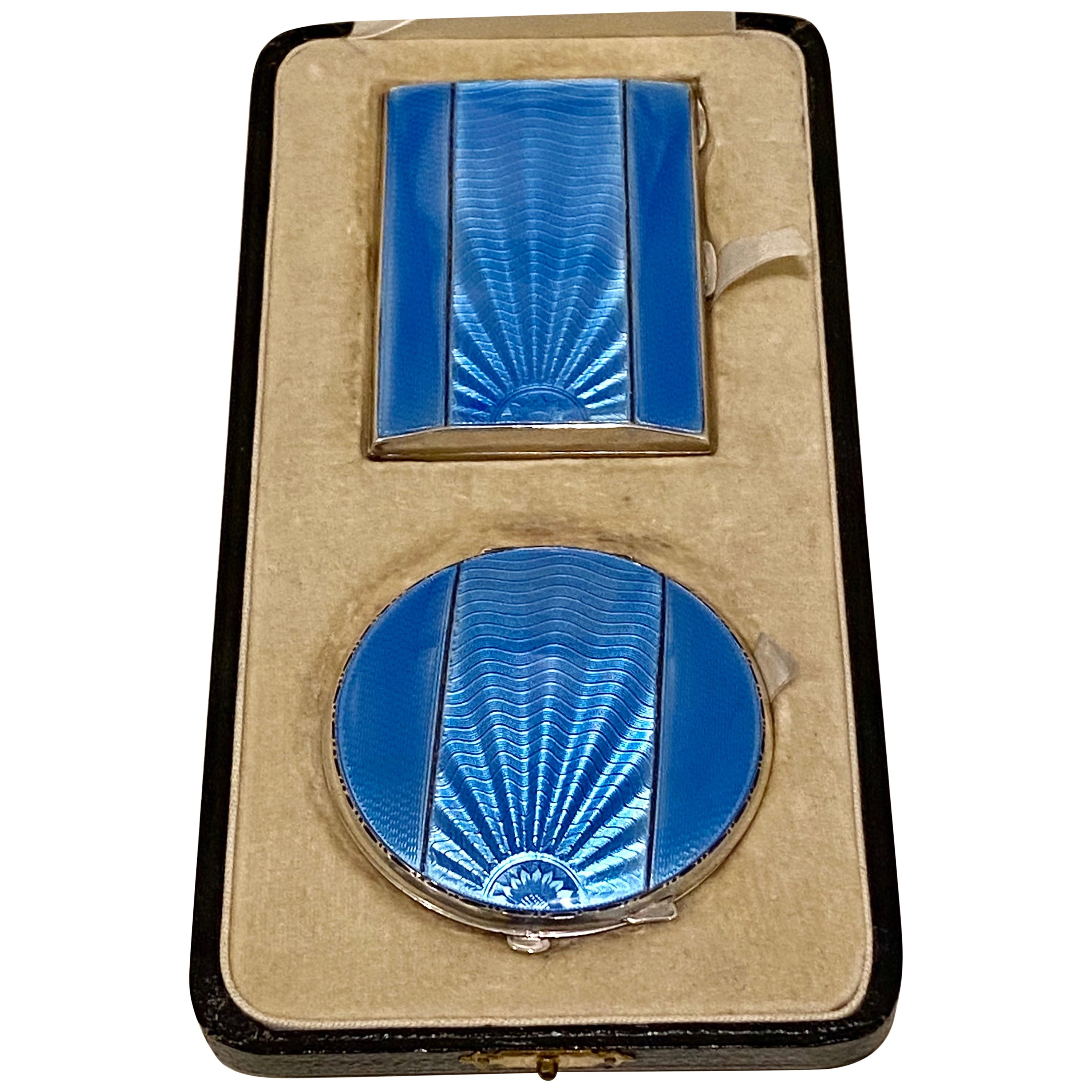 Stylish Art Deco Silver & Guilloche Sun Burst Enamel Cigarette Case and Matching