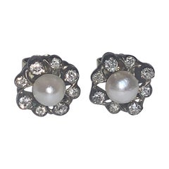 Art Deco Pearl & Diamond Cluster Earrings, Circa 1925