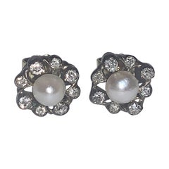 Antique Art Deco Pearl & Diamond Cluster Earrings, Circa 1925