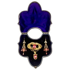 Victorian Pinchbeck & Pink Tourmaline Brooch and Earring Set Cased