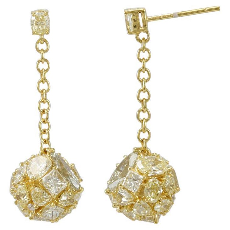 Suzy Levian 18 Karat Yellow Gold Multi-Cut Yellow Diamond Dangling Earrings For Sale