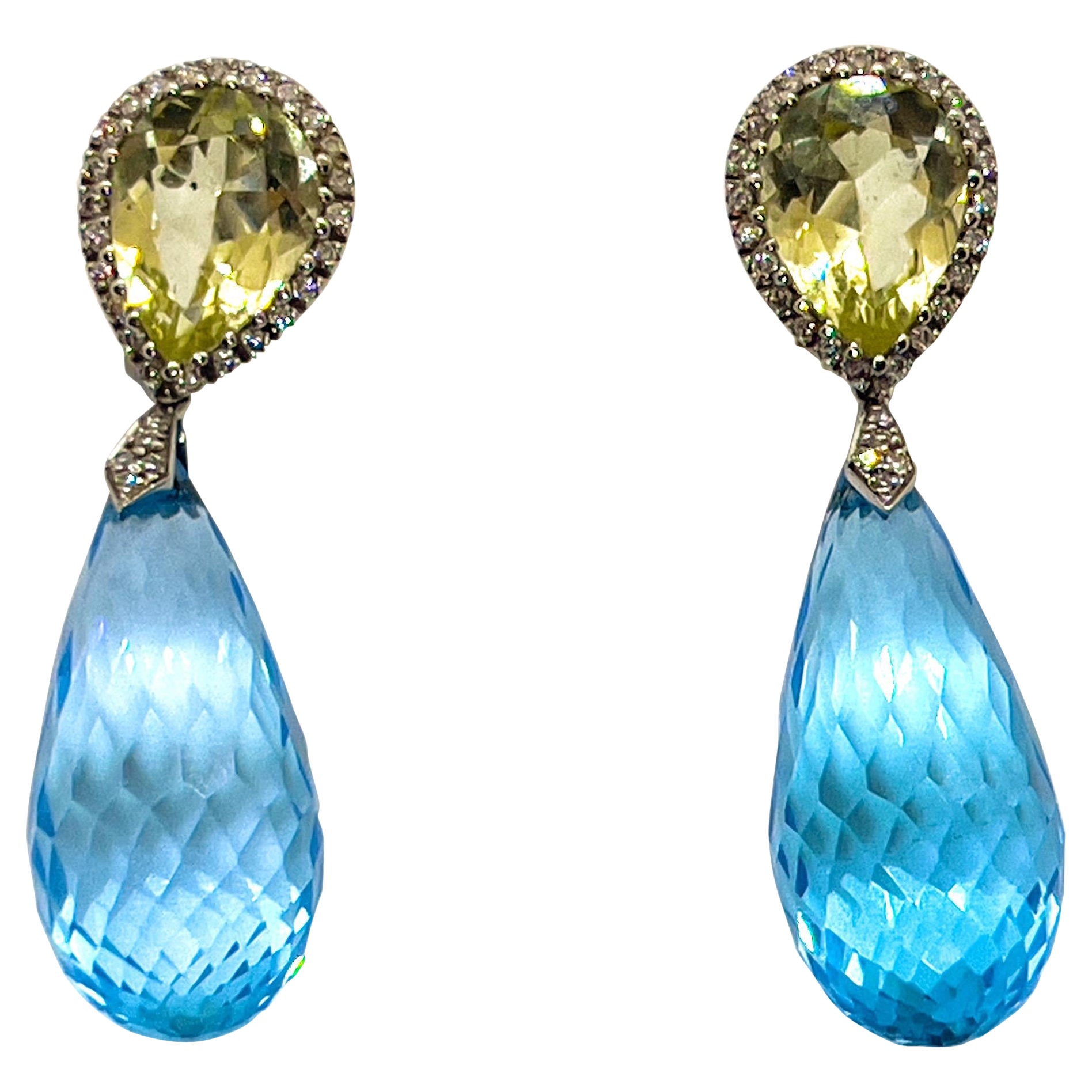 Blue Topaz and Lemon Quartz Diamond Drop Earrings For Sale