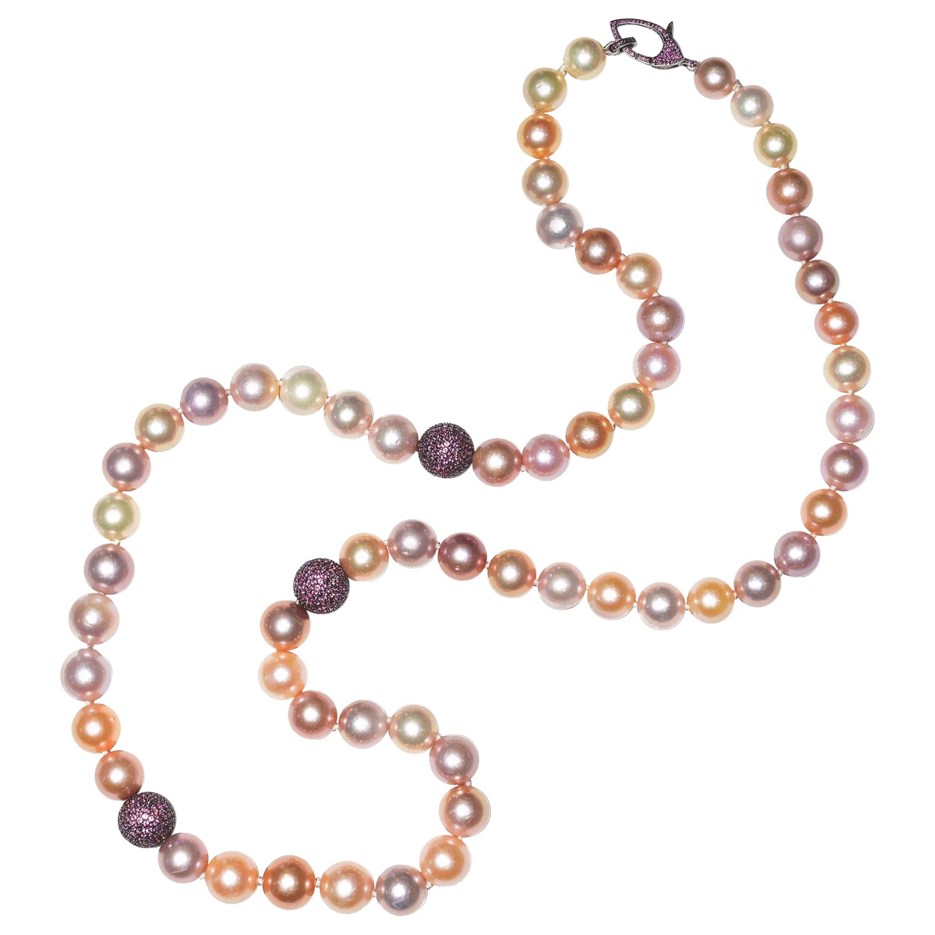 Round Multi-Colored Edison Pearl Necklace with Pave’ Pink Sapphire Beads For Sale