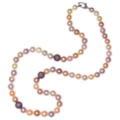Round Multi-Colored Edison Pearl Necklace with Pave’ Pink Sapphire Beads