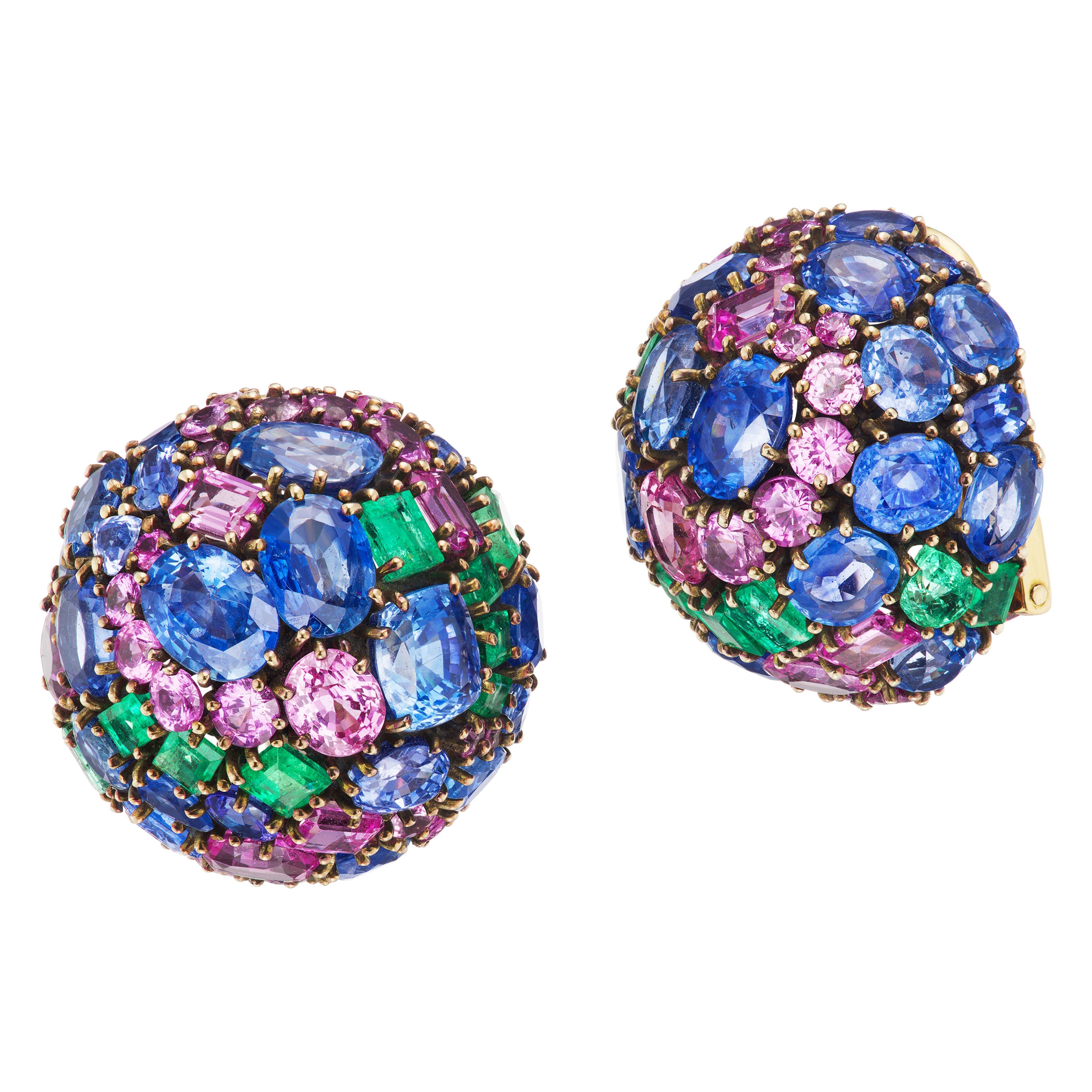 Fred Leighton Multi-Color Bombé Sapphire and Emerald Earclips For Sale