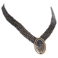 Marina J Woven Black Seed Pearl "V" shaped Necklace with 14K Yellow Gold Clasp