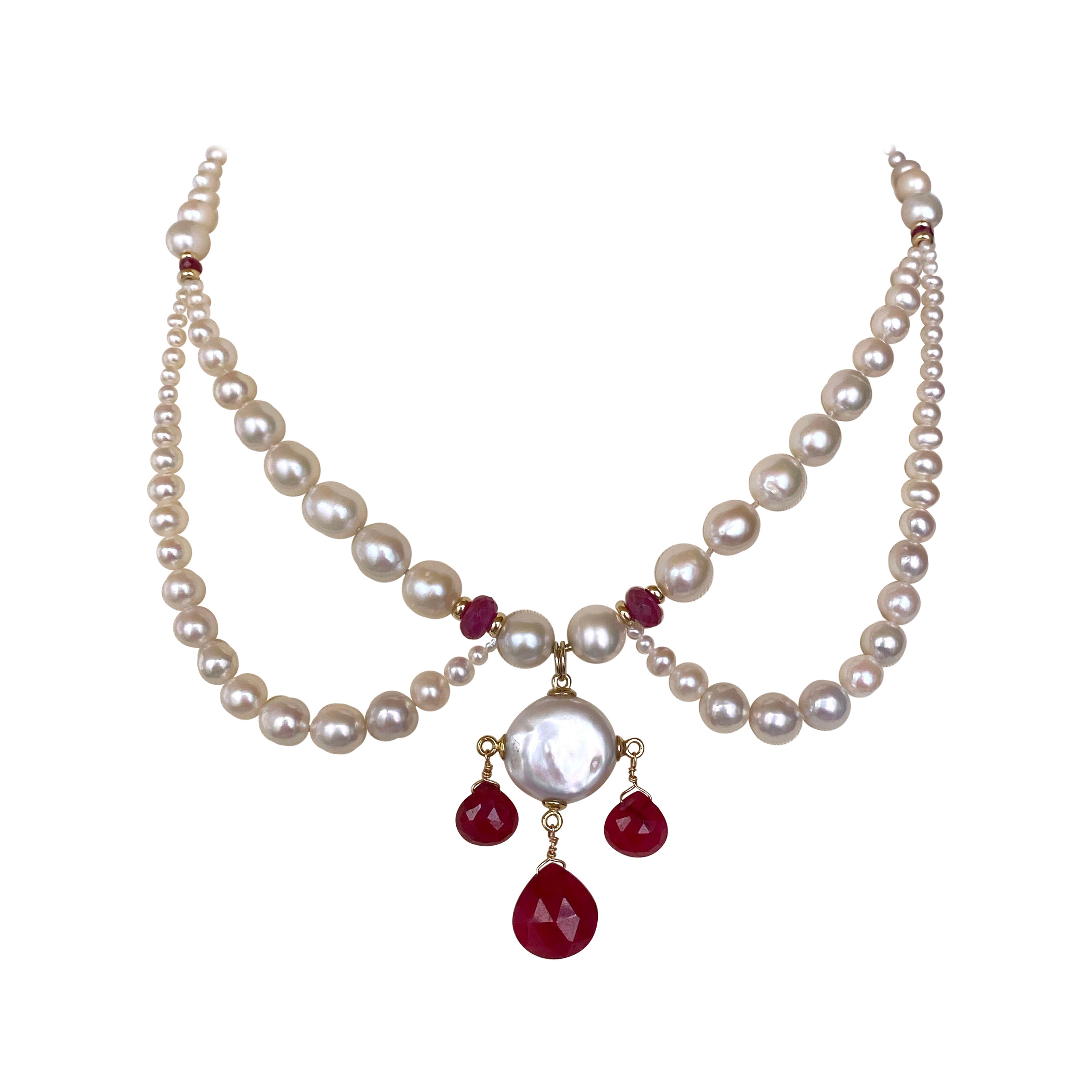 Marina J. Graduated Pearl, Ruby and 14K Yellow Gold, Chandelier Necklace