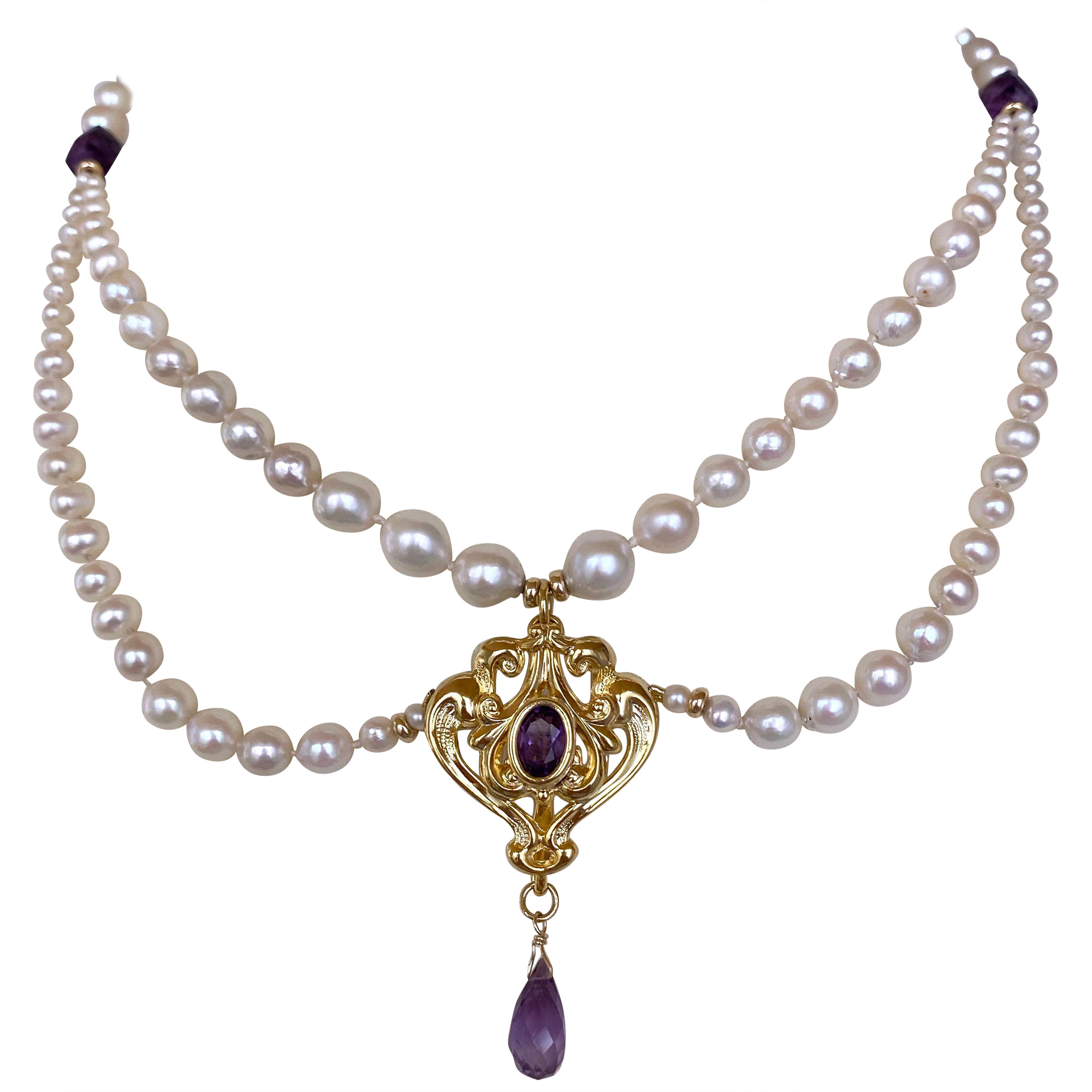 Marina J. Graduated Pearl and Amethyst Necklace with 14K Yellow Gold