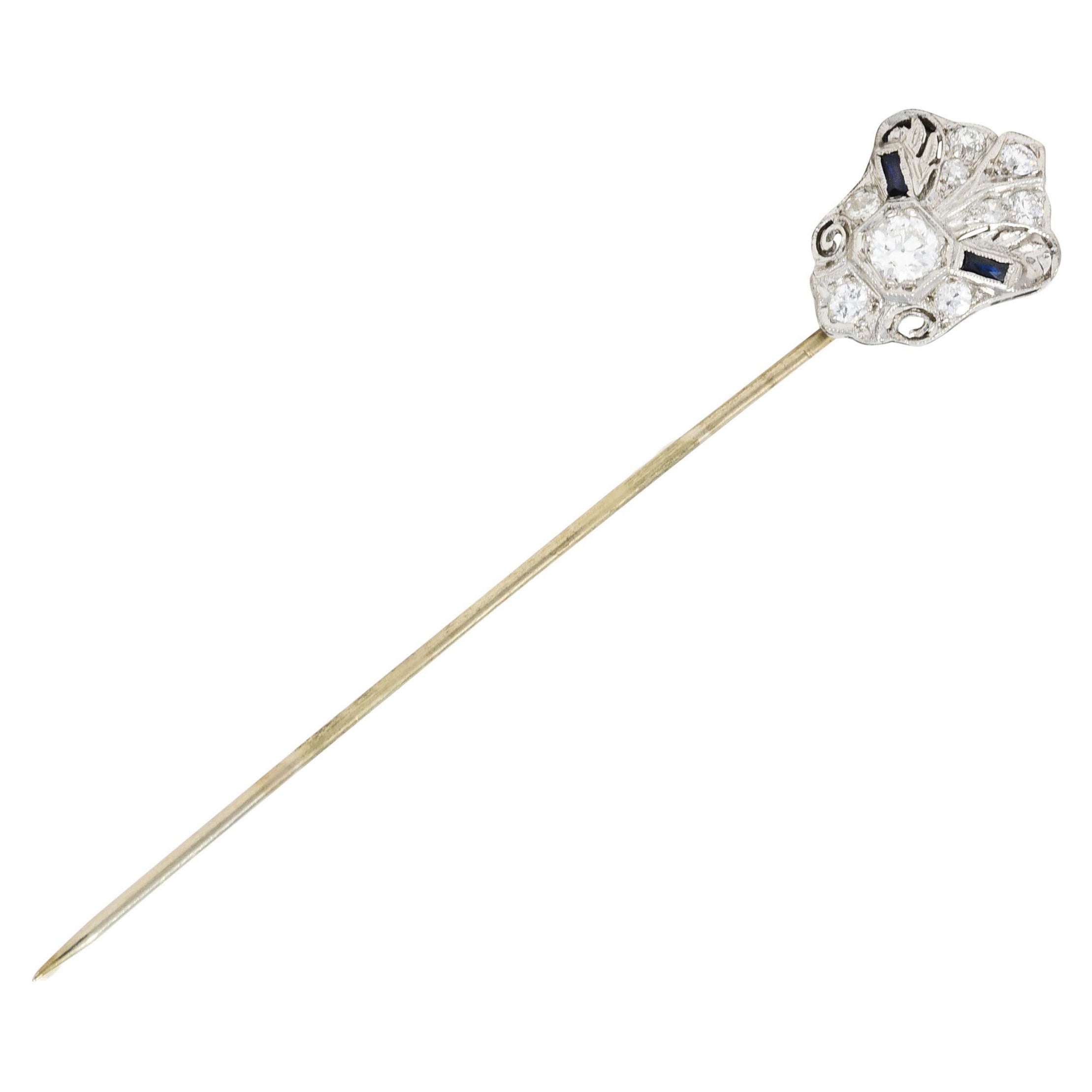 Art Deco Sapphire 0.57 Carat Diamond Platinum Cartouche Stickpin