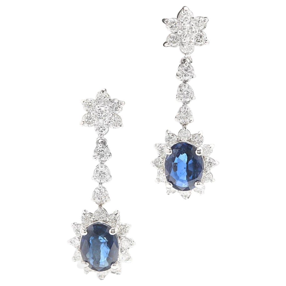 5.30 Carats Natural Sapphire and Diamond 14K Solid White Gold Earrings For Sale