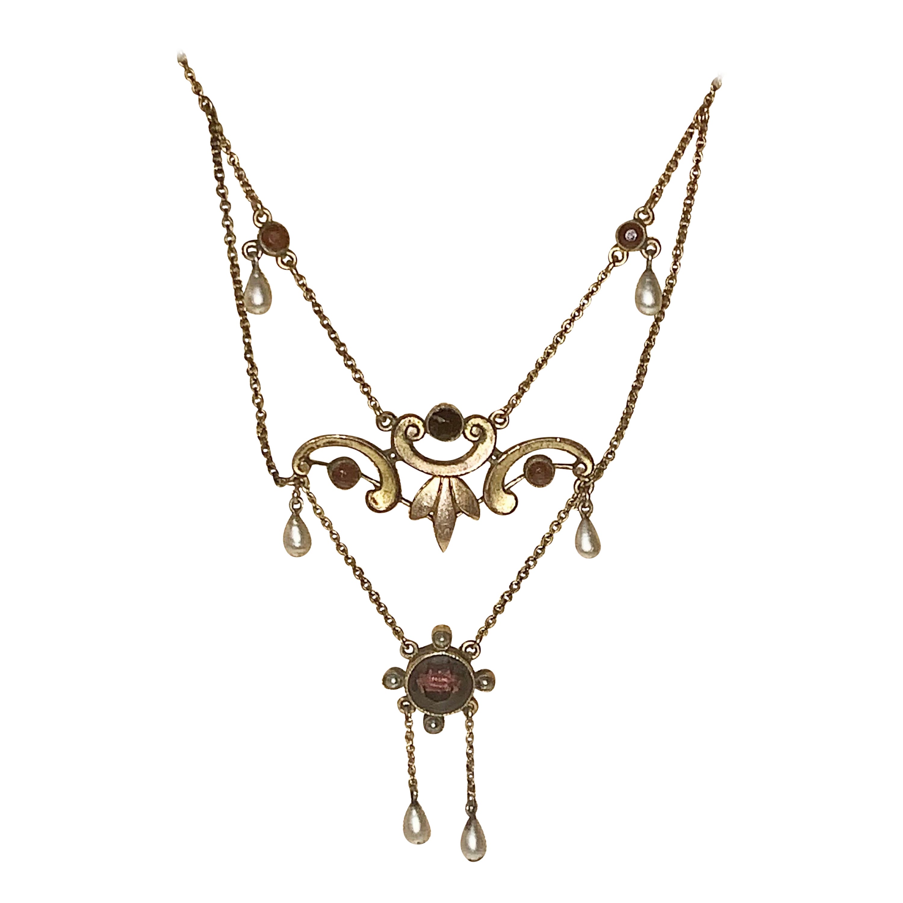 Antique Victorian Garnet Pearl Necklace 9ct Gold Lavaliere For Sale