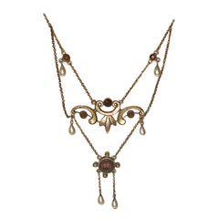 Antique Victorian Garnet Pearl Necklace 9ct Gold Lavaliere