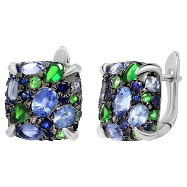 Zafiro Azul Todos los Días Precioso Tsavorita Diamante Pendientes de Oro Blanco para Ella