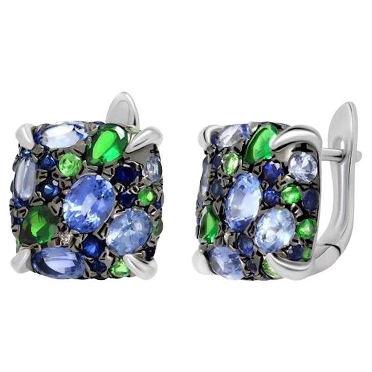 Boucles d'oreilles de tous les jours en or blanc avec saphir bleu et tsavorite précieuse, pour elle