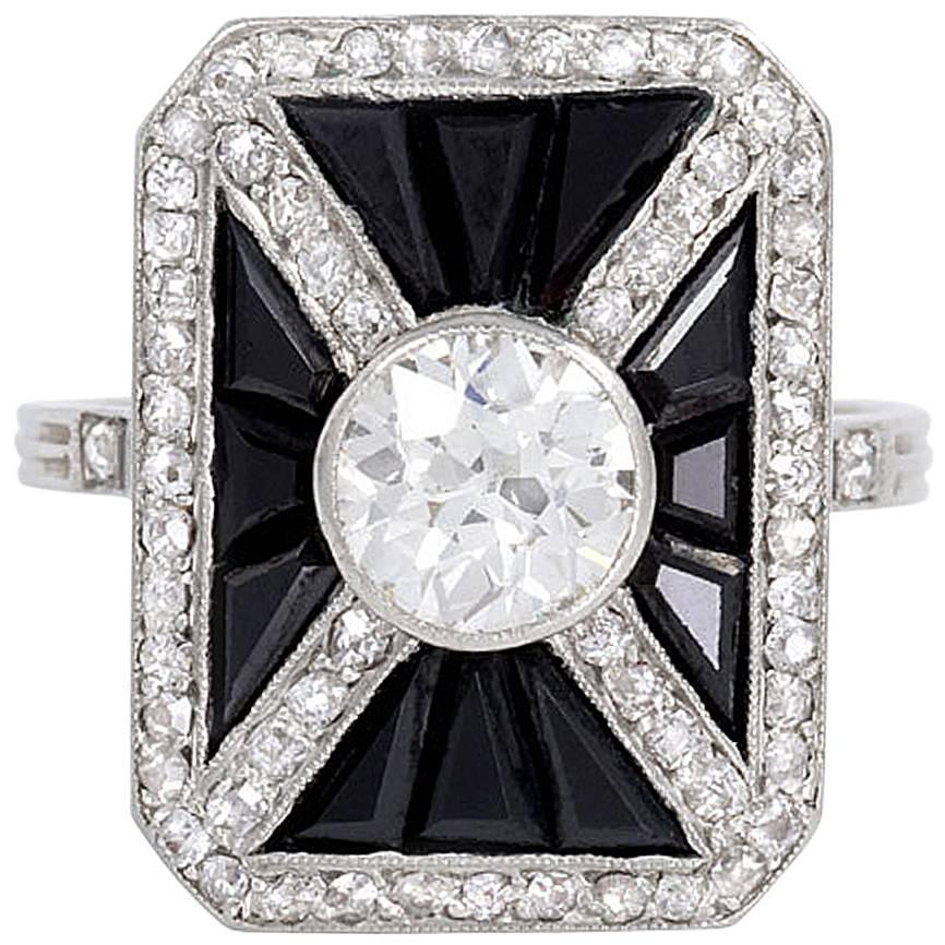 Art Deco Onyx Diamond Platinum Ring at 1stdibs