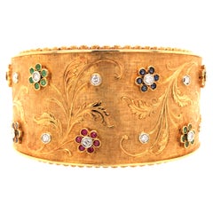 18K Vintage Diamond, Ruby, Sapphire and Emerald Cuff Bracelet Yellow Gold