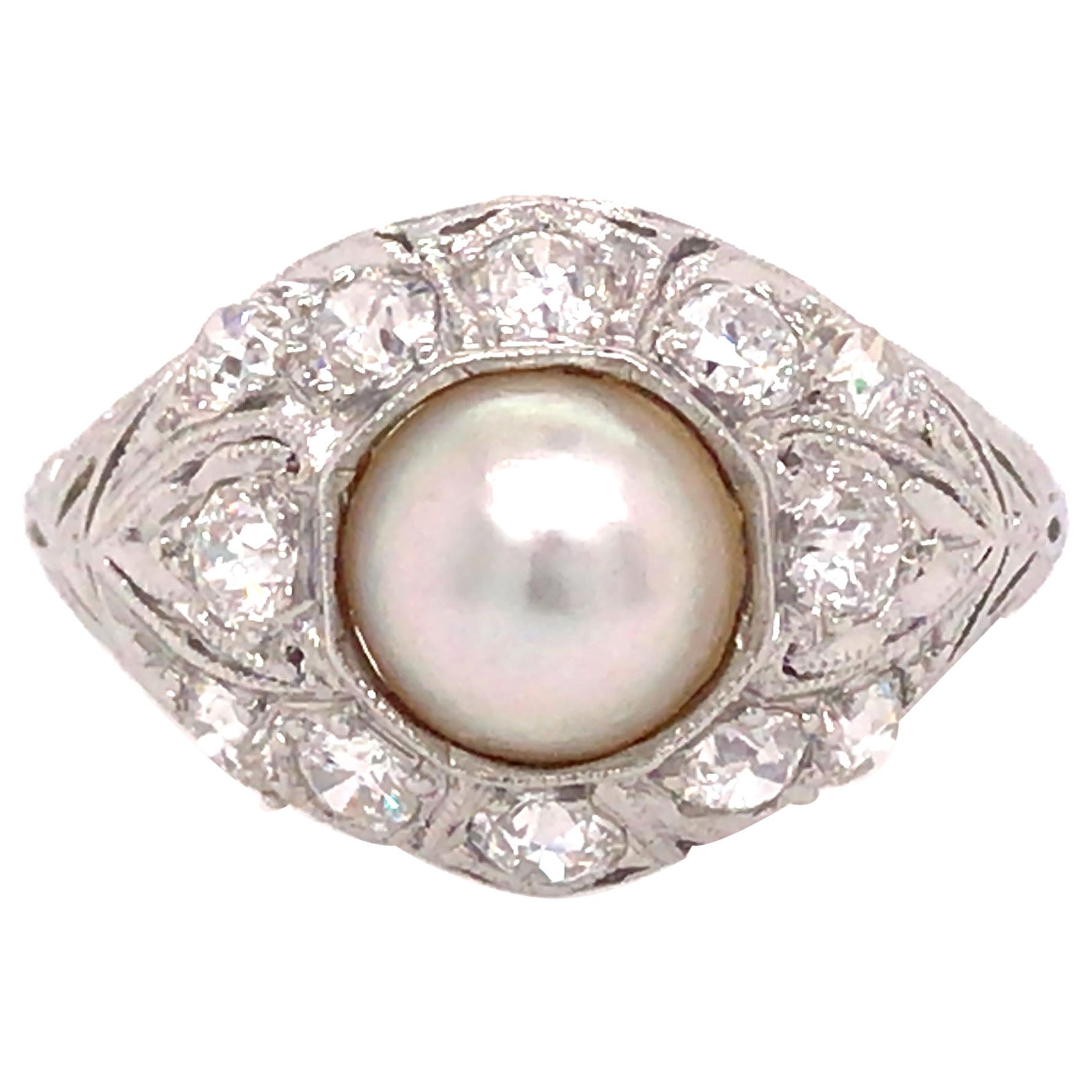 Platinum Art Deco Pearl Diamond Ring