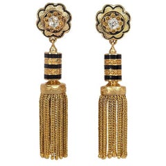 Antique French Gold Tassel Earrings with Diamond Tops and Black Enamel Accents