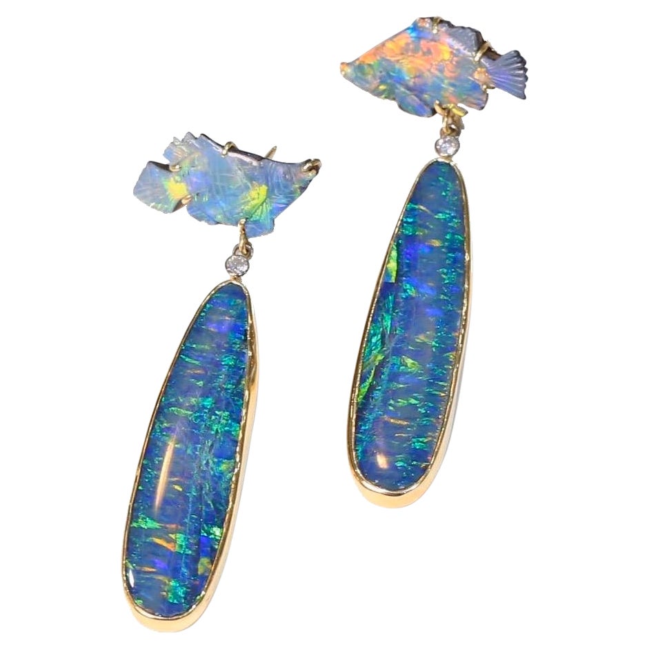 Carved Australian Boulder Opal and Diamond Earrings, 18k Yellow Gold For Sale