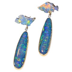 Carved Australian Boulder Opal and Diamond Earrings, 18k Yellow Gold